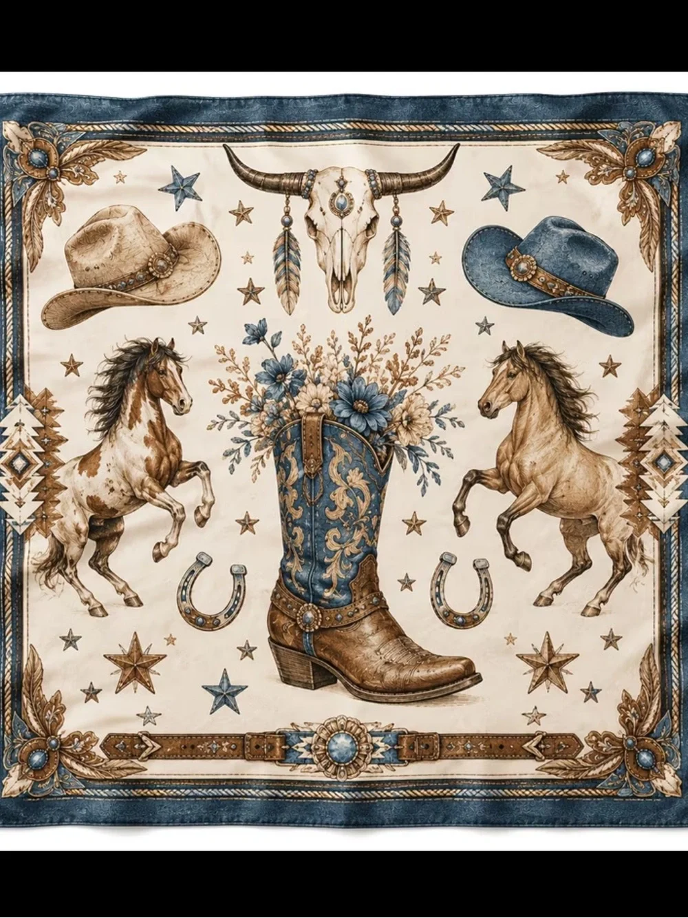 Western Boot Print Scarf & Wrap — Blue and Cream